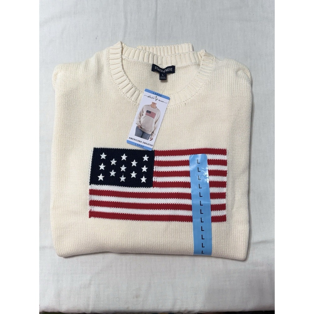 NWT State of Mine Americana Sweater Large L Cream White US American Flag